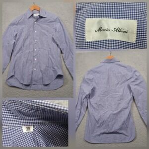 Mario Albini Dress Shirt Men's 39 Blue Gingham Check Slim Fit Made in Italy